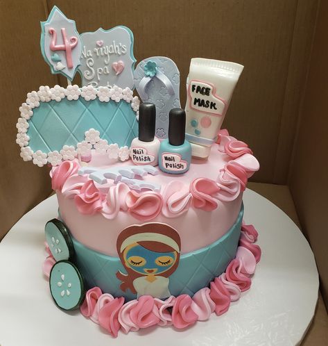 Calumet Bakery Spa Day Fondant Birthday Cake Spa Day Cake, Spa Party Cake, Spa Birthday Cake, Calumet Bakery, Spa Sleepover, Spa Cake, Makeup Cake, Kids Spa Party, Slumber Party Birthday