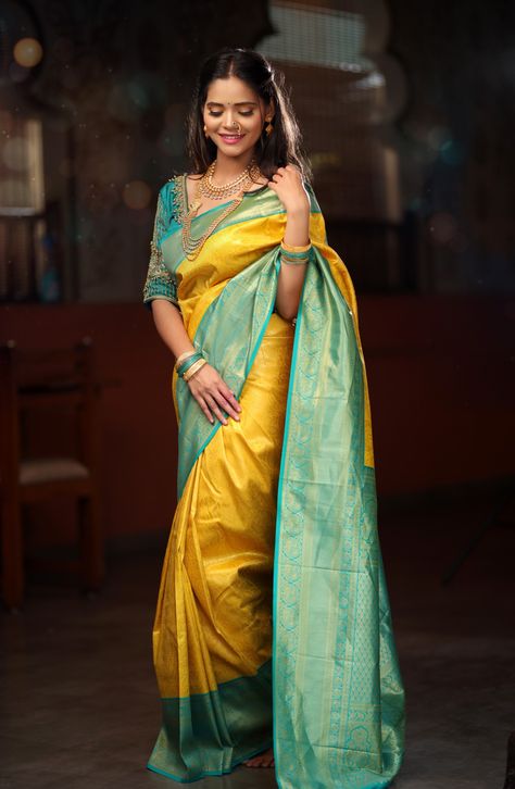 Yellow And Blue Silk Saree, Yellow With Blue Silk Saree, Light Yellow Saree, Yellow Colour Saree, Yellow Silk Saree, Kerala Wedding Saree, Teal Blue Blouse, Saree Pose, Saree Styling