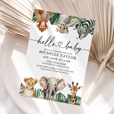 Jungle Safari Animals Greenery Baby Shower Invitation Baby Safari Animals, Jungle Safari Animals, Pinto Bean, Safari Baby Shower Invitations, Animal Baby Shower Invitations, Jungle Baby Shower, Gender Reveal Invitations, Safari Baby Shower, Safari Baby