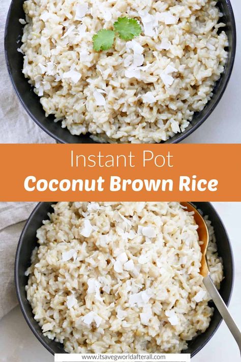 Instant Pot coconut brown rice is creamy and decadent! Use it as a base for grain bowls, chicken topped with fruit salsa, curry, and more. The post also includes stovetop directions. Brown Coconut Rice, Rice For Meal Prep, Coconut Brown Rice, Instant Pot Brown Rice, Brown Rice Cooking, Veggie Bowls, Veggie Skewers, Plant Based Recipes Easy, Brown Rice Recipes