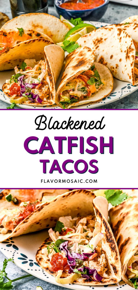 These blackened catfish tacos are a delicious air fryer recipe! Make these air fryer fish tacos for a tasty, wholesome twist on a classic fish taco. These are the easiest fish tacos! Serve for Taco Tuesday or summer barbecues and cookouts. These fish tacos in the air fryer are the best combination of Cajun and Mexican food! Click through to the blog for all the details and try these air fryer catfish tacos for yourself. Healthy Catfish Recipes, Catfish Tacos, How To Cook Catfish, Air Fryer Fish Tacos, Blackened Catfish, Blackened Fish Tacos, Easy Fish Tacos, Catfish Recipes, Healthy Mexican Recipes