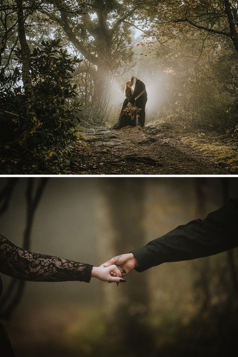 Elopement with a black wedding dress. Foggy moody elopement in Asheville NC. Elopement planning and photography by Legacy and Legend Co. All Inclusive elopement packages, photography, officiant, bouquet. Gothic Wedding Picture Ideas, Spooky Wedding Pictures, Wedding Photos Dark And Moody, Moody Forest Wedding Photography, Moody Fantasy Wedding, Salem Wedding Photos, Goth Wedding Photo Ideas, Goth Wedding Pictures, Witchy Wedding Photography