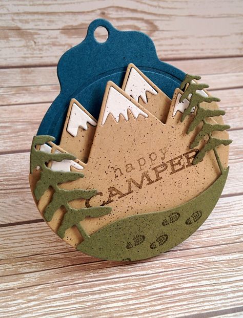 Camping Cards, Secret Sister Gifts, Secret Sister, Paper Craft Techniques, Ornament Tags, Secret Sisters, Fishing Cards, Nature Card, Camping Birthday