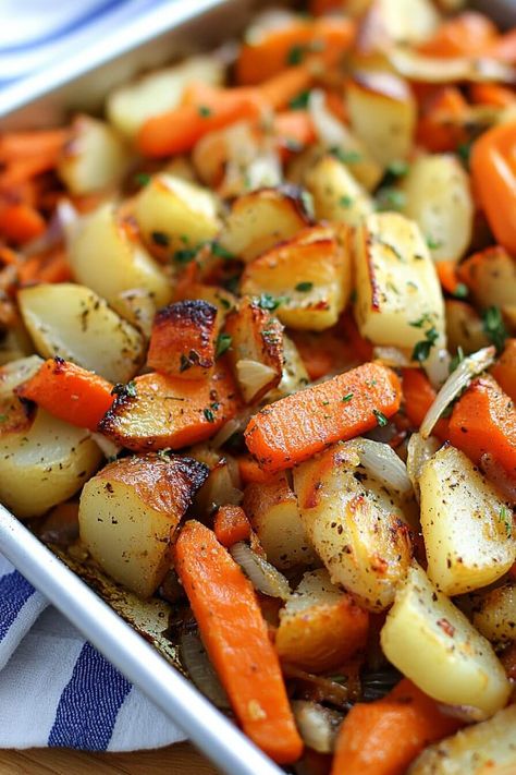 Roast Carrots, Potatoes & Onions 9 Roasted Carrots Potatoes And Onions, Roasted Potatoes With Onion Soup, Roasted Potatoes And Carrots And Onions, Potatoes Carrots And Onions In Oven, Potato And Carrots In Oven, Potato Carrot Onion Recipes, Roast Potatoes And Carrots Oven, Roasted Vegetable Dishes, Oven Roasted Carrots And Potatoes