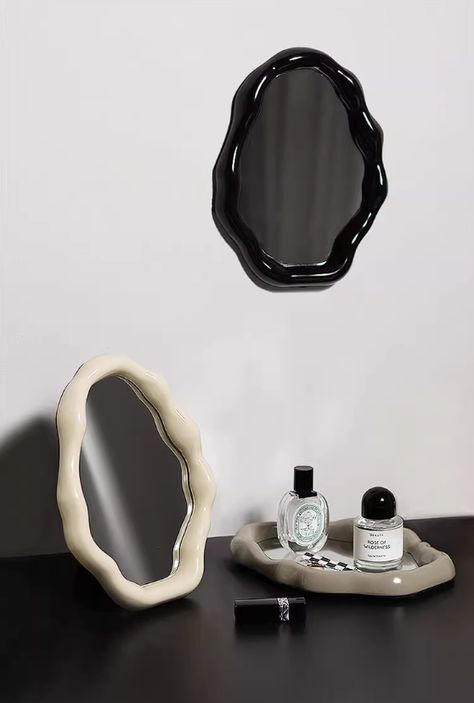 A truly one-of-a-kind wall art piece, designed to create a funky, unique touch to your space. Perfect mini mirror to use at your desk or to double up as a vanity tray for your little necessities! Comes with a stand and a little hook at the back. Dimensions: Upcycle Mirror, Tabletop Mirror, Wavy Mirror, Eyeshadow Collection, Table Mirror, Dressing Table Mirror, Cloud Shapes, Beautiful Plates, Vanity Tray