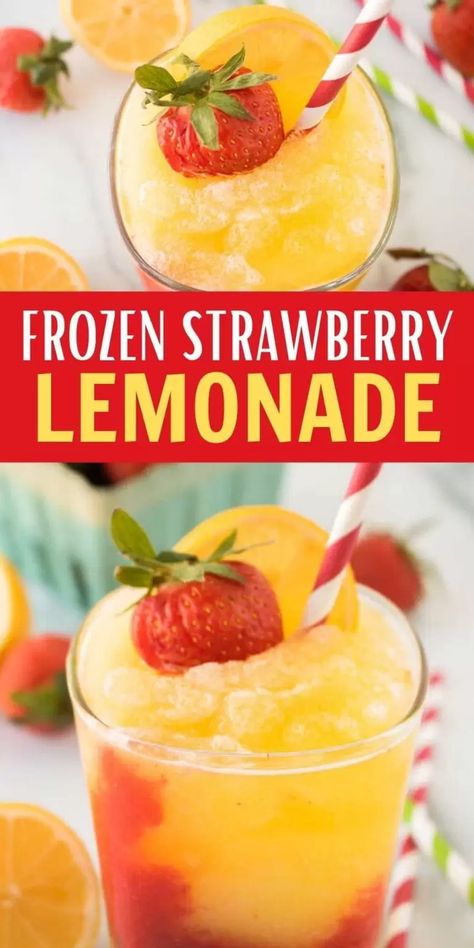 Frozen strawberry lemonade - frozen strawberry lemonade recipe Frozen Fruit Slushies, Boozy Slushies, Slushie Recipes, Frozen Strawberry Lemonade Recipe, Frozen Fruit Drinks, Summer Drink Recipe, Frozen Strawberry Lemonade, Strawberry Lemonade Recipe, Fun Drink Recipe