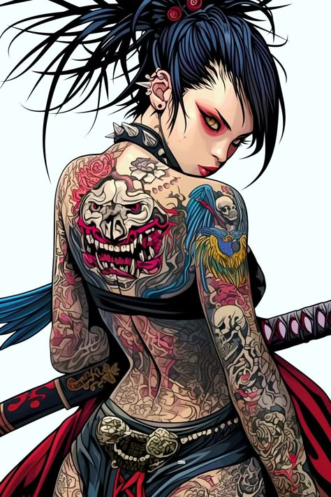 Female Samurai Art, Japanese Pop Art, Female Artwork, Ninja Girl, Asian Tattoos, Cyberpunk Girl, Characters Inspiration Drawing, Cartoon Character Pictures, Samurai Art