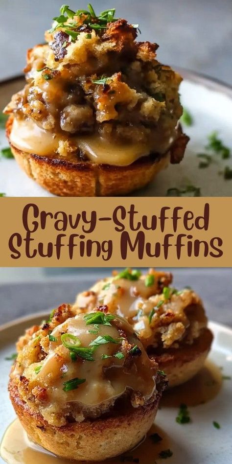 Make the most of your Thanksgiving leftovers with these Muffin Tin Turkey & Stuffing Cups! 🦃🍞 Packed with crispy stuffing and savory turkey, these individual portions are topped with rich gravy for a mouthwatering bite. Perfect for holiday brunches or quick snacks, they’re a creative way to use leftovers. Deliciously simple and oh-so-satisfying! 😋✨ #ThanksgivingRecipes #StuffingMuffins #LeftoversRecipe #HolidayFood #CreativeCooking #FoodieFavorites 🥧🍁 Crispy Muffin Tops, Turkey Stuffing Appetizer, Stuffing In Muffin Tins Recipe, Make Ahead Stuffing Thanksgiving, Stuffing Leftover Recipes, Leftover Stuffing Recipes Ideas, Fancy Stuffing, Fancy Thanksgiving Recipes, Stuffing Appetizer