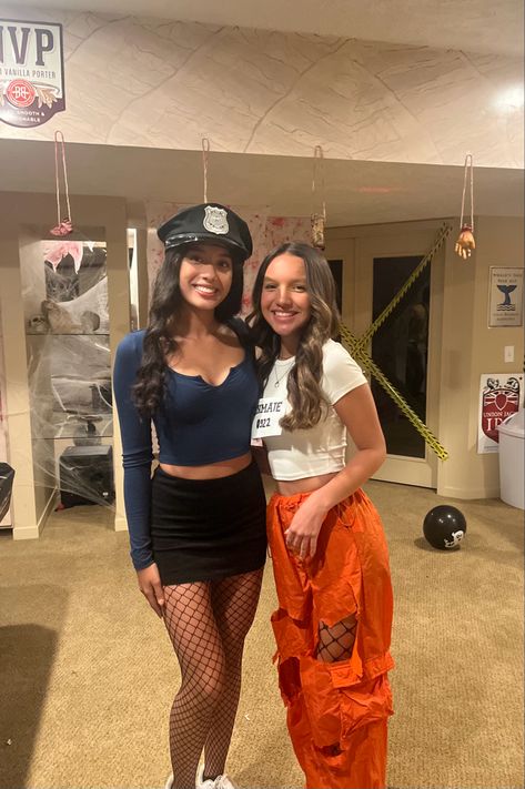 Cop And Robber Costume Cute, Cop And Robber Costume Duo, Linda And Heather Costumes, Duo Halloween Costumes Cops And Robbers, Matching Customes Halloween Best Friends, Friend Halloween Costumes Two College, Halloween Cop And Prisoner, Police Prisoner Costume, Duo Diy Halloween Costumes