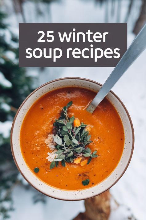 Cozy up on a cold night with these 25 delicious winter soup recipes.  From classic chicken noodle to creamy butternut squash bisque, these winter soup recipes offer a variety of flavors and textures to satisfy your cravings.  These winter soups and stews are perfect for chilly evenings and provide a warm and comforting meal.  Explore these healthy and delicious winter soup ideas today. Best Soup For Cold Weather, Hot Soups For Winter, Winter Hearty Soups, Cold Day Soup Recipes, Winter Soups And Stews Healthy, Winter Soup Ideas, Winter Soup Recipes Healthy, Christmas Soup Recipes, Soups For Winter