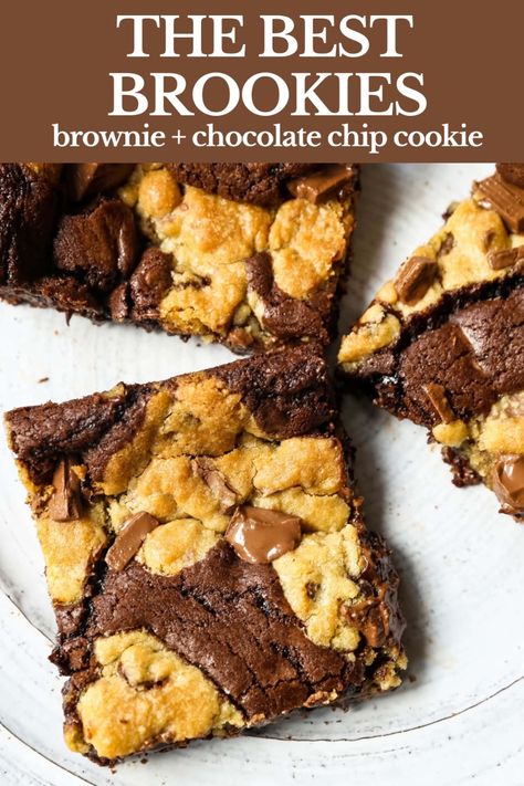 A homemade decadent chocolate brownie and chocolate chip cookie all in one! A brownie and chocolate chip cookie just got married. The best dessert bar! The best brookies recipe. Chocolate Chip Cookie Brownies Easy, Brownie Chocolate Chip Cookie Bars Easy, Chocolate Chip Cookie And Brownie Bars, Cookie Brownie Recipe Easy, Brownies With Cookies On Top, Brownie With Chocolate Chip Cookie, Brookies Recipe With Box Brownies And Cookie Dough, Chocolate Chip Cookies And Brownies, Chocolate Chip And Brownie Bars