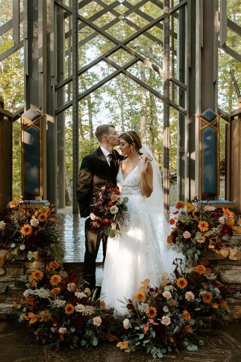 Thorncrown Chapel Wedding, Paloma Blanca Wedding Dress, Thorncrown Chapel, Wedding Floral Arrangements, Autumn Florals, Aisle Markers, Wedding Dress Store, Groom And Groomsmen Attire, Arkansas Wedding