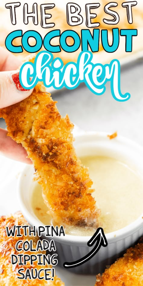 These coconut chicken tenders are crispy on the outside, tender on the inside, and take under 30 minutes from start to finish! Pair it with a pina colada dipping sauce for the best coconut chicken recipe you'll ever try.  #PerdueFarms #Perduefarms_Partner Pina Colada Dipping Sauce, Crispy Coconut Chicken, Coconut Chicken Recipe, Coconut Chicken Tenders, Dipping Sauces For Chicken, Gourmet Dinner, Coconut Chicken, Chicken Tender Recipes, Sauce For Chicken