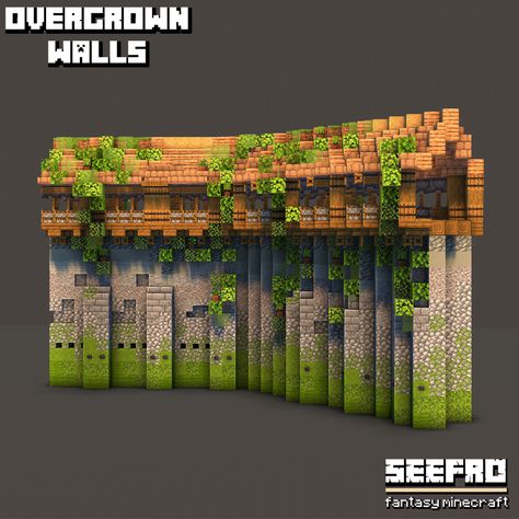 Medieval minecraft castle wall design inspiration Minecraft Protection Wall, Spruce Wall Design Minecraft, Minecraft Kingdom Banner Designs, Minecraft Defense Wall, Village Walls Minecraft, Minecraft Wall Builds, Minecraft Stone Wall Texturing, Minecraft Castle Palette, Minecraft Ravine Build