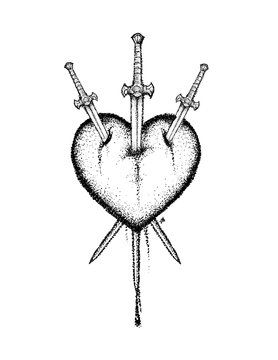 Pierced Heart Drawing, Heart With 3 Swords Tattoo, 3 Of Swords Reversed Tattoo, Three Of Swords Tattoo Fine Line, Heart Swords Tattoo, Heart Swords Tattoo Ideas, Three Of Hearts Tattoo, Heart With Three Swords Tattoo, Evil Eye Small Tattoo