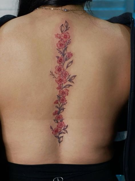 Spine Memorial Tattoo, Red Flower Spine Tattoo, Black And Red Spine Tattoo, Red And Black Spine Tattoo, Red Spine Tattoos For Women, Red Ink Spine Tattoo, Flower Spine Tattoo, Tattoo Back Tattoo, Black Flowers Tattoo