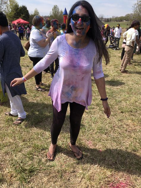 Holi:  The Festival of Colors Long White Top, Old Navy Flip Flops, Bright Yellow Dress, Apple Shape Outfits, White Blouse Top, Bright Color Dresses, University Outfit, Bright Dress, Holi Festival