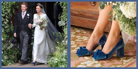 Olivia Henson Chose Blue Velvet Shoes (With Bows on Them!) for Her Wedding to the Duke of Westminster Blue Velvet Wedding Shoes, Blue Velvet Wedding, Velvet Wedding Shoes, Blue Heels Wedding, Duke Of Westminster, Blue Velvet Shoes, Blue Velvet Heels, Shoes With Bows, Velvet Shoes