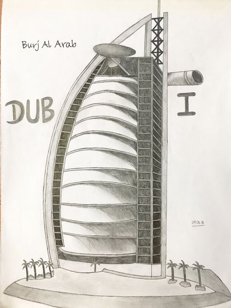 Burj Al Arab Sketch, Thermal Drawing Ideas, Burj Al Arab Drawing, Dubai Drawing, Town Sketch, Gen Chem, Pencil Sketches Landscape, Dubai Buildings, Hatch Drawing