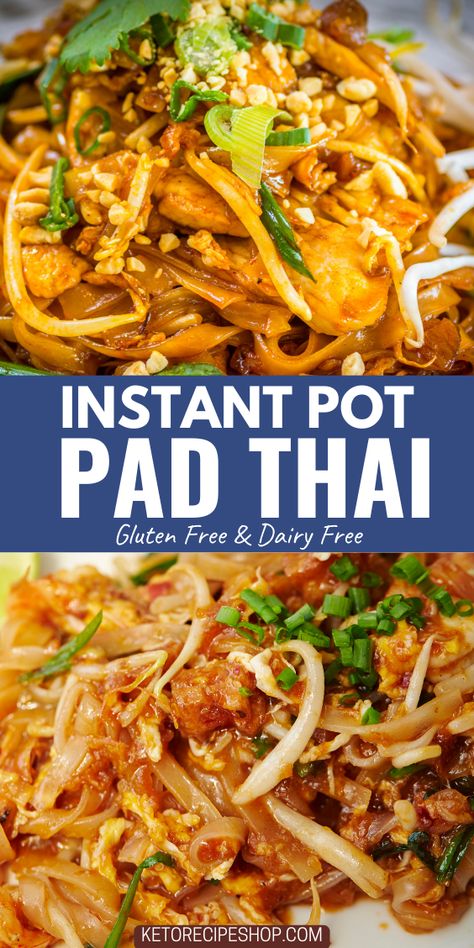 This Instant Pot Pad Thai recipe is a must try for gluten free and dairy free lovers of Thai food. It’s a simple and quick way to make a delicious meal with minimal effort. You just need to mix the sauce ingredients, add them to the pot with the chicken and veggies, cook for 7 minutes, and then stir in the noodles. Instant Pot Pad Thai, Dairy Free Meal, Gluten Free Pad Thai, Bacon Recipes For Dinner, Bacon Dinner, Gluten Free Instant Pot, Diet Lunch, Delicious Keto Recipes, Thai Recipe