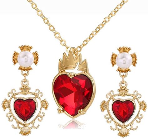 Amazon.com: IDOXE Queen of Hearts Necklace 925 Sterling Silver Chain January Birthstone Evie Red Heart Toy Princess Halloween Accessories Jewelry Valentine's Gift for Her (Golden-Necklace Earring): Clothing, Shoes & Jewelry Hearts Necklaces, Halloween Accessories Jewelry, Heart Tiara, Descendants Evie, Tiara Necklace, Necklaces Red, Princess Halloween, Fan Jewelry, Princess Jewelry