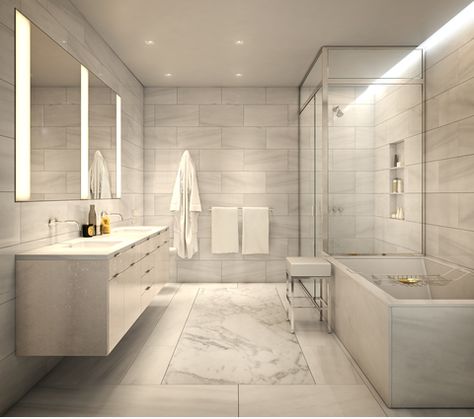 frameless shower and tub combo Nyc Apartment Bathroom, Glamorous Bathroom Decor, Nyc Luxury, Bespoke Bathroom, Condo Design, Gorgeous Bathroom, Bathroom Design Decor, Bathroom Inspiration Decor, Dream House Rooms