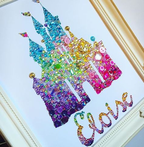 Disney castle. Button art. Button frame. Button picture. Swarovski crystal. Personalised gifts. Handmade gifts. Craft for kids. Nursery decor. Kids bedroom ideas. Disney gifts. Disney princess. Wall decor. Frames. New baby gifts. Christening ideas. Wedding decor. Available from www.facebook.com/thechicgeekuk or on Etsy - search theshabbychicgeek Diy Disney Art, Disney Princess Wall Decor, Disney Princess Decor, Disney Button Art, Diy Alphabet Letters, Princess Wall Decor, Disney Girls Room, Wall Decor Frames, Disney Princess Bedroom