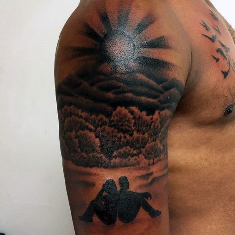 Mens Rising Sun Tattoo With Couple In Background On Arm Sunrise Tattoo Sleeve, Sun Tattoo Men Shoulder, Upper Arm Sun Tattoo, Shoulder Cap Tattoo Men, Sunrise Tattoo Rising Sun, Upper Shoulder Tattoo Men Ideas Design, Sun Rise Tattoo, Sun Tattoo Shoulder, Sun Shoulder Tattoo