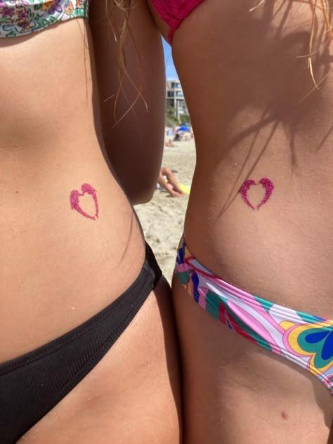 Matching Tattoos Summer, Matching Summer Tattoos, Glitter Tattoo Summer, Glitter Tattoo Aesthetic, Matching Barbie Tattoos, Beach Aesthetic Tattoo, Matching Beach Tattoo, Aesthetic Matching Tattoos, Glitter Tattoo Ideas