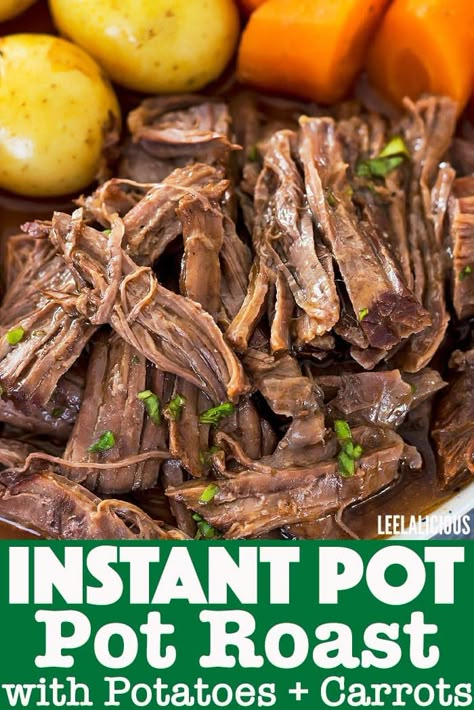 This Instant Pot pot roast and potatoes recipe is a wonderful way of getting a traditional Sunday roast on the table conveniently and with delicious results. Beef shoulder roast cooks in a red wine sauce with baby potatoes and carrots to make up a full meal with minimal effort. The results will be something that you will want to put on repeat for you and your family. Healthy Pot Roast, Pressure Cooker Pot Roast, Instant Pot Pot Roast, Roasted Potatoes And Carrots, Potatoes And Carrots, Cooking A Roast, Beef Pot Roast, Mississippi Pot Roast, Slow Cooker Beef Stew