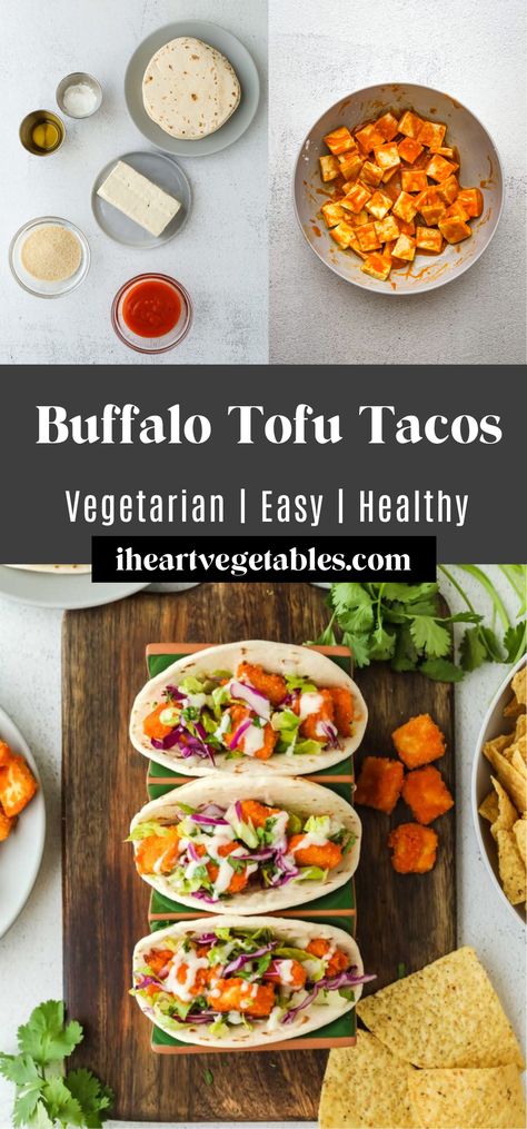 These buffalo tofu tacos are deliciously spicy, and you’ll be surprised how easy it is to make crispy tofu in the oven. This recipe is perfect for a tasty plant-based taco night! Buffalo Tofu Tacos, Recipes With Soft Tofu, Buffalo Tofu, Taco Side Dishes, Chickpea Tacos, Buffalo Recipe, Tofu Tacos, How To Press Tofu, Cilantro Sauce