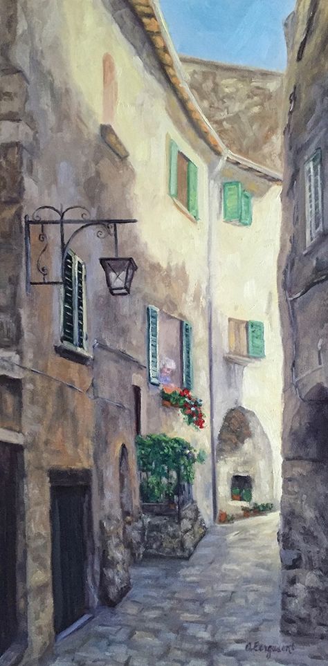 Narrow Lane in an Italian Village by Andree Ferguson, Oil, 24 x 12 x 11/2 Italian Village Painting, Italian Artwork, Italian Wallpaper, Village Painting, Watercolor House Painting, Mediterranean Art, Italy Street, Italian Street, Oil Pastels Painting