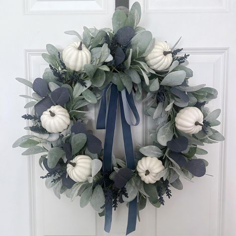 White Pumpkin Wreath for Fall, Blue White Wreath, Farmhouse Front Door Wreath, Lambs Ear Wreath, Navy Blue Door Decor, Elegant Wreath Navy Blue Fall Decor, Navy Blue Door, Fall House Decorations, Farmhouse Front Door Wreath, Blue Fall Decor, Fall Leaf Decor, Wreath For Fall, Blue Eucalyptus, Fall Blue