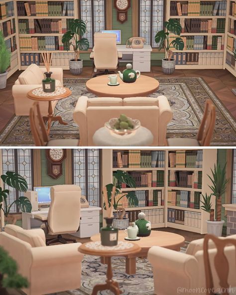 Animal Crossing Designs on Instagram: “A lovely study interior with lighter hues that look great in the lighting — I’m focusing so much on my island I forget my home is important…” Animal Crossing Cottagecore Living Room, Animal Crossing Family Room, Library Room Animal Crossing, Library Room Acnh, Animal Crossing Study Room, Acnh Cottagecore Library, Acnh Cottagecore Interior, Acnh Study Room, Hhp Acnh Ideas Eloise