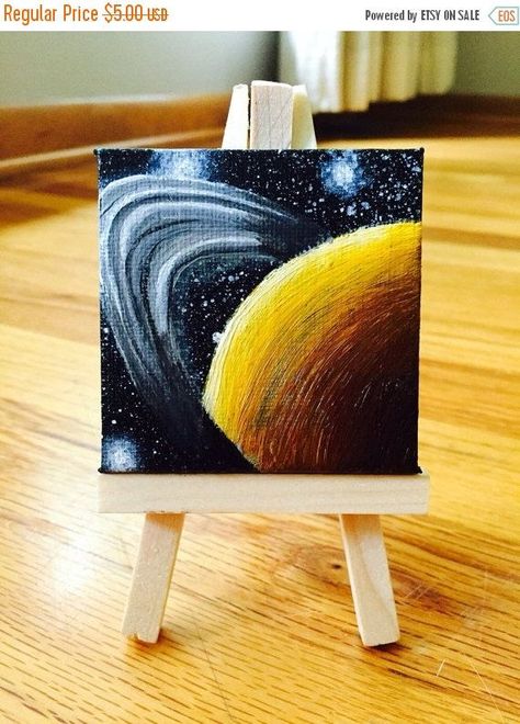 Painting Saturn, Mini Tela, Planet Painting, Mini Toile, Small Canvas Paintings, Soyut Sanat Tabloları, Galaxy Painting, Small Canvas Art, Beginner Painting