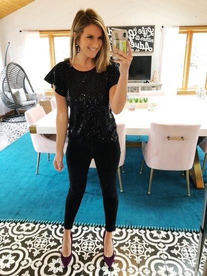 NYE Outfit // What to Wear to New Years Eve // Holiday Party Outfit // Holiday Office Party // How to Style a Sequin Top // Sequin Top with Black Skinny Jeans and Heels // Winter Fashion #shopthelook #nyeoutfit #newyearseve #nye #holidayoutfit #holidaypartyoutfit #holidayofficepartyoutfit #sequintop #winterfashion Sequin Shirt Outfit, Holiday Party Outfit Casual, Holiday Party Outfit Work, Sequins Top Outfit, Office Holiday Party Outfit, Heels Winter, Trendy Party Outfits, How To Wear Heels, Winter Party Outfit