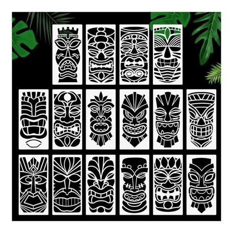 Tiki Pattern Design, Tiki Totem Diy, Tiki Boxes Diy, Tiki Faces Template, Tiki Stencil, Diy Tiki Decorations, Wood Carving Patterns Templates, Tiki Pattern, Beer Salt