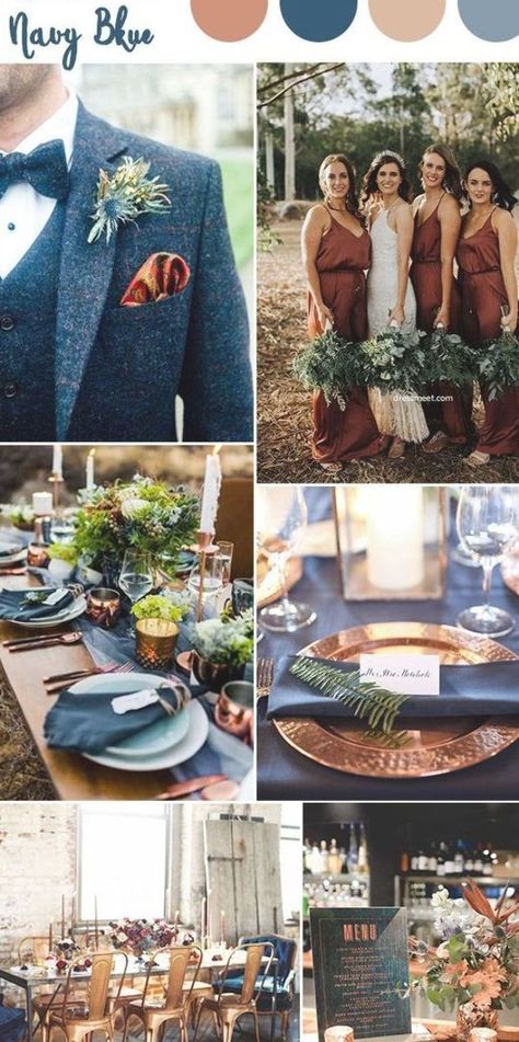 Rust gold and navy blue fall wedding color inspiration Fall Wedding Color Inspiration, Navy Blue Fall Wedding, Copper Wedding Theme, Blue Fall Wedding, Unique Wedding Colors, Rust Wedding, Rusting Wedding, Navy And Copper, Wedding Color Combos