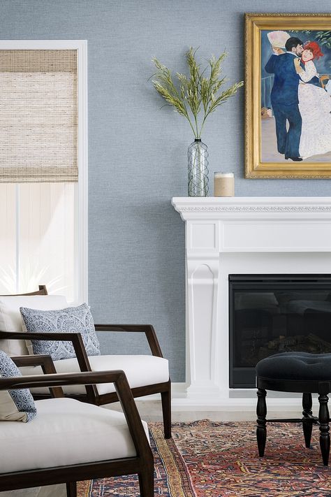 Light blue Grasscloth wallpaper Living room with white trim and Light blue Grasscloth wallpaper #LightblueGrassclothwallpaper #Grassclothwallpaper Blue Grasscloth Wallpaper, Blue Wallpaper Living Room, Grasscloth Wallpaper Bedroom, Blue Grasscloth, Light Blue Living Room, Blue Walls Living Room, Light Blue Wallpaper, Living Room Classic, Phillip Jeffries