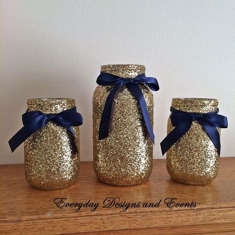 Navy Blue Party Decorations, Wedding Centerpieces Mason Jars, Gold Mason Jars, Blue Party Decorations, Rustic Wedding Decorations, Gold Centerpieces, Mason Jar Centerpieces, Gold Party, Wedding Centerpiece