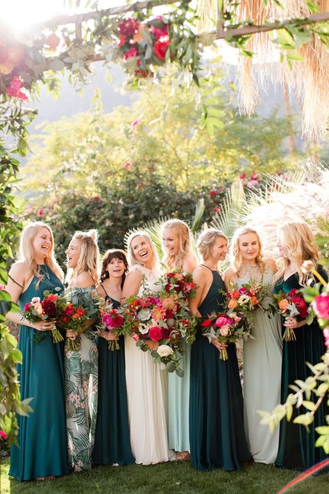 Green Bridesmaid Dress Pink Flowers, Light Teal Bridesmaid Dress, Teal Color Palette Wedding Bridesmaid Dresses, Jewel Green Bridesmaid Dresses, Dark Blue And Green Bridesmaid Dresses, Bright Flowers Wedding Bridesmaids, Mismatched Teal Bridesmaid Dresses, Green Bridesmaid Dresses Colorful Flowers, Flowers For Green Bridesmaid Dress