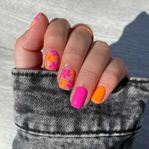 Orange N Pink Nails, Pink Orange Red Nails, Pink Orange And Blue Nails, Pink And Orange Nails Short, Pink And Orange Nails Almond, Nails Pretty, Pink And Orange Toenails, Pink Orange And Yellow Nails, Tequila Sunset Nails