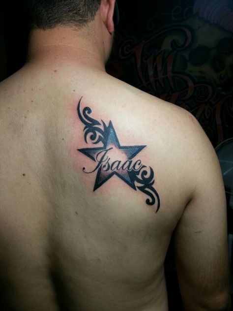 Son's name #isaac Back tattoo tribal tattoo star tattoo Tattoo Star, K Tattoo, Tattoo Name, Tattoo For Son, Star Tattoo, Name Tattoo Designs, Skull Tattoo Design, Name Tattoo, Name Tattoos