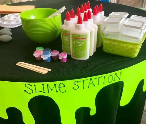 Steam Party Ideas, Stem Birthday Party Activities, Science Birthday Activities, Slim Party Ideas, Mad Scientist Day At School, Mad Scientist Birthday Party Ideas, Slime Station Ideas, Slim Birthday Party Ideas, Emily’s Wonder Lab Party