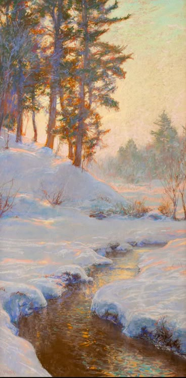 Walter Launt Palmer Winter Landscape Painting, Painting Snow, Winter Sunset, Winter Painting, Winter Scenery, Paintings I Love, Plein Air Paintings, Winter Art, Pastel Art