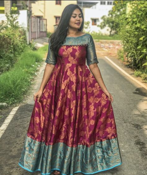 Frocks With Pattu Saree, Saree One Piece Dress Design, Saree Umbrella Dress, Saree To Long Frock Designs, Indian Long Frocks With Sarees, Frock From Saree Ideas, Pattu Saree Frocks Designs, Saree Long Frock Designs Latest, Pattu Saree Dress Designs