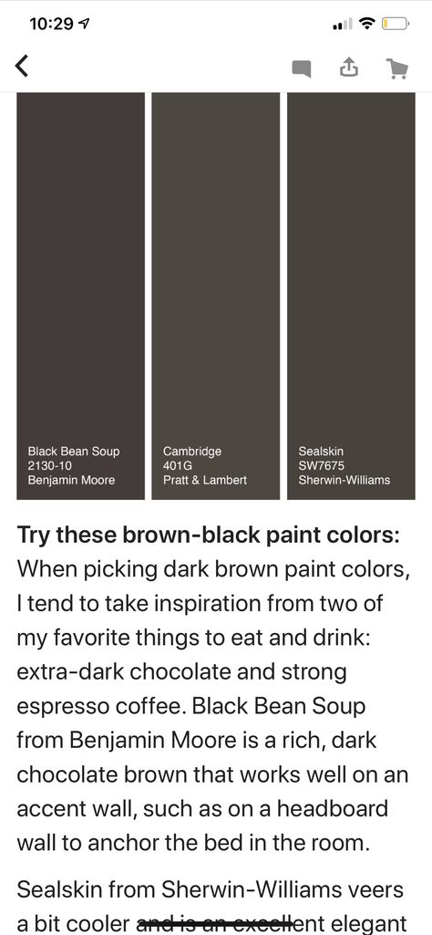 Charcoal Brown Paint Color, Black Brown Paint Color, Dark Brown Paint Colors, Mocha Paint Colors, Black Brown Paint, Brown Bathroom Paint, Brown Interior Paint, Crete House, Dark Brown Bathroom