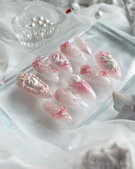 Swan Nails Design, Swan Lake Nails, Swan Nails, Bows Nails, Coquette Nails, Vday Nails, Ten Nails, Nail Store, Ballet Nails