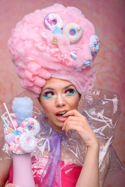 Womens Candyland Costume, Candy Hat Diy, Candy Costume Women, Candy Headpiece, Food Costume Ideas, Cotton Candy Photoshoot, Candyland Makeup, Cotton Candy Wig, Candy Land Costumes