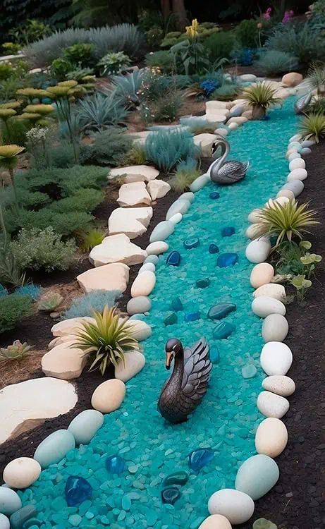 1.4.3-dry-river-bed-Blue-Lake-2 Dry Riverbed Landscaping, River Rock Garden, Creative Garden Decor, Dry Creek Bed, Dry River, River Rock Landscaping, Rock River, Rock Garden Design, River Bed